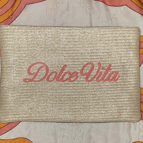 Dior Brand Dolce Vita Natural Straw Clutch with Pink Script Logo
